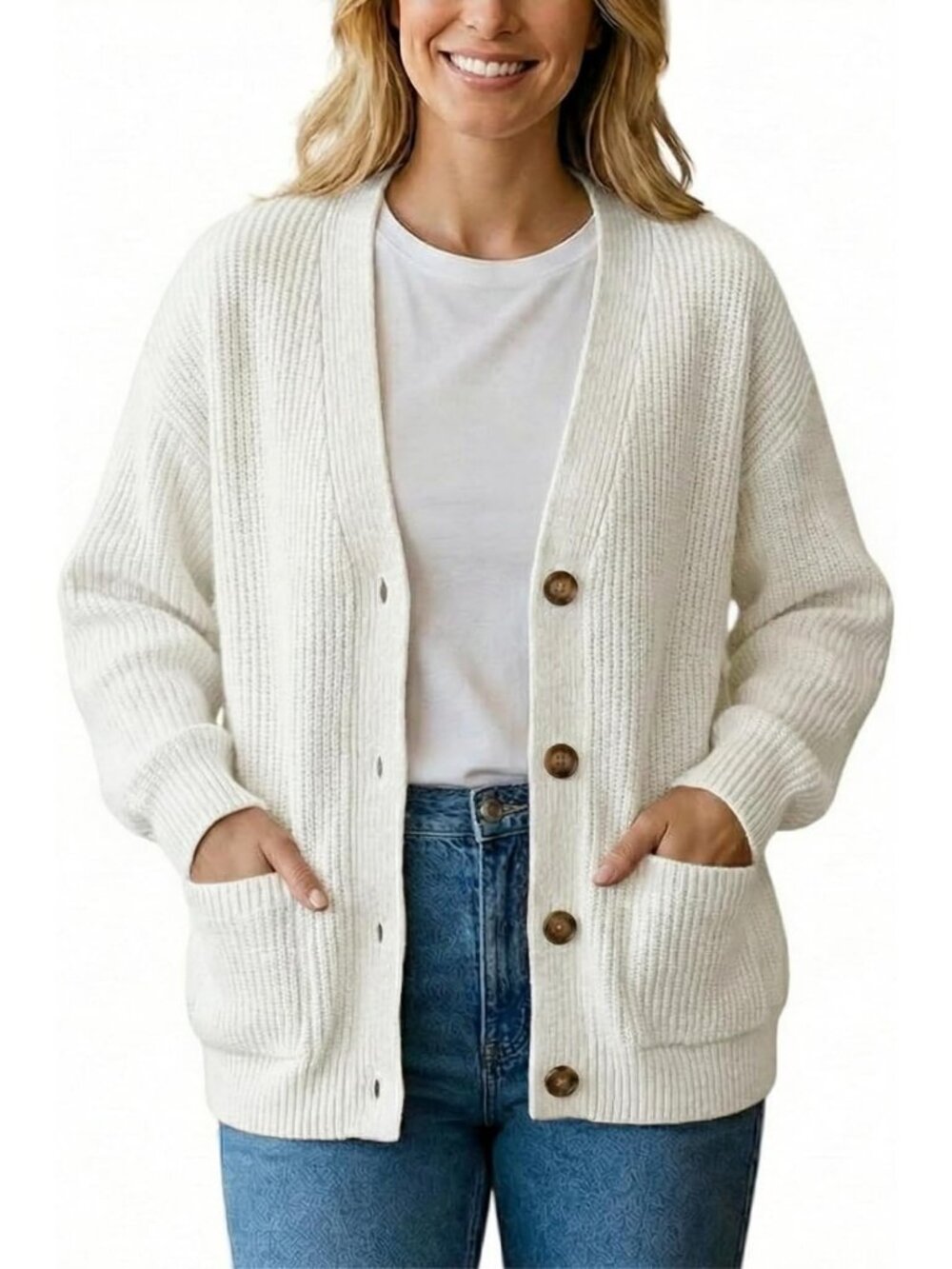 Stylish Women's Long Sleeve Button Cardigan - Lightweight, Loose Fit, Pockets
